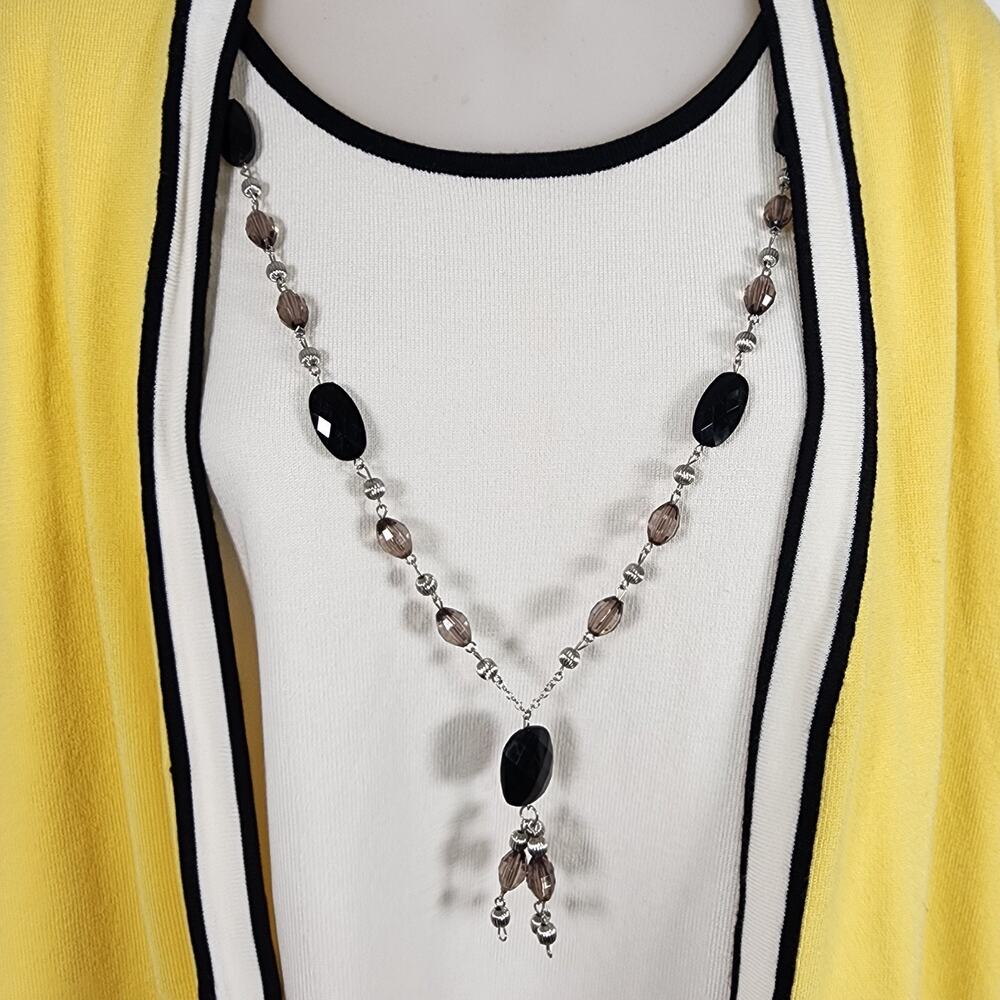 Alfred Dunner Womens Sweater 2 In 1 Cardigan Large Necklace Yellow White 3/4 Slv - Picture 4 of 10